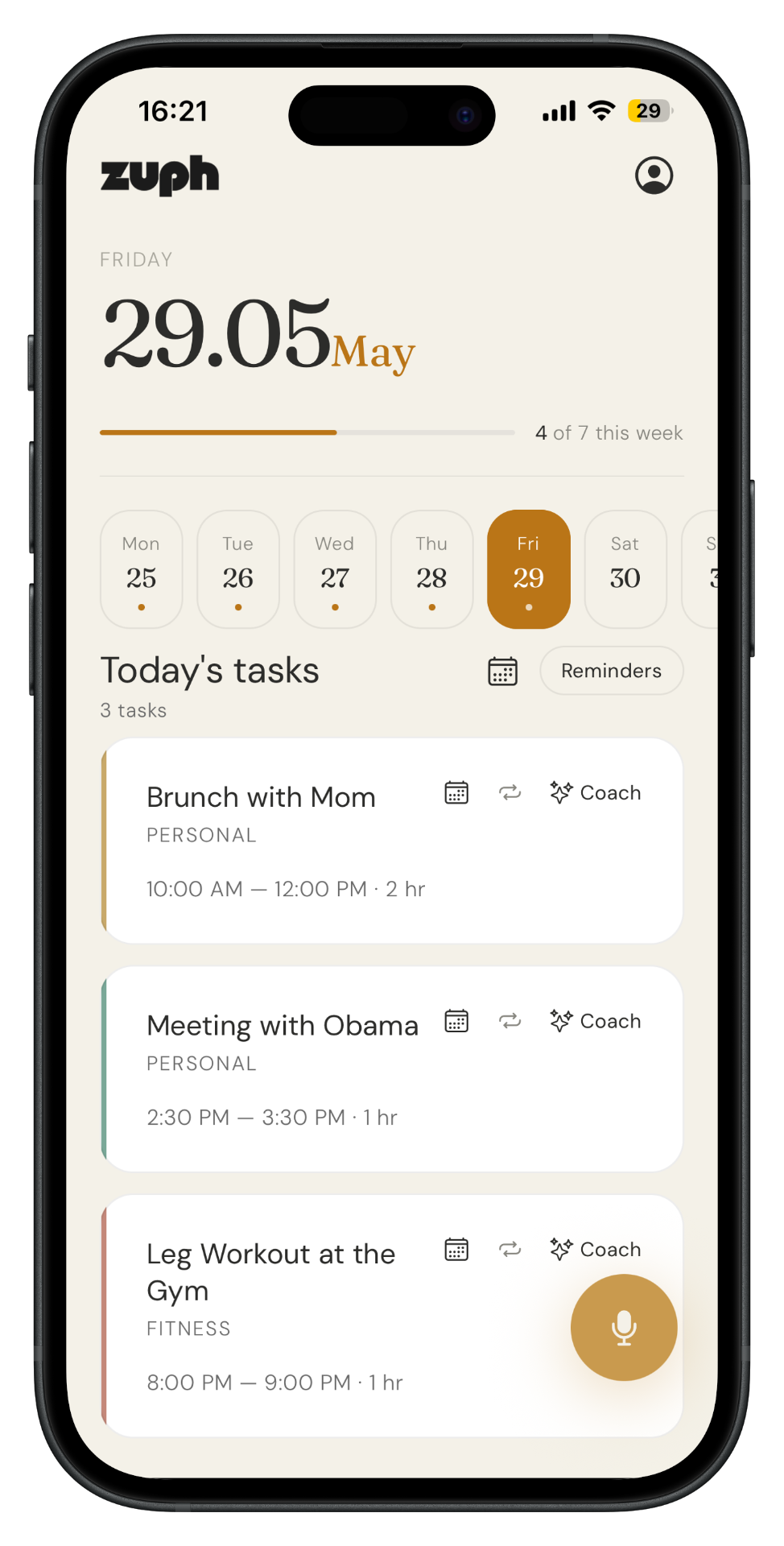 A weekly calendar grid with neatly placed tasks