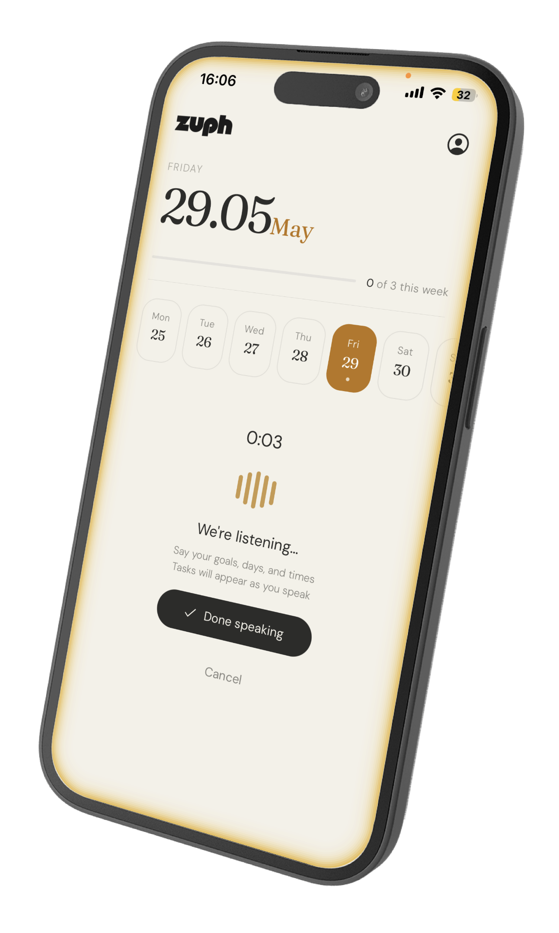 Zuph app showing a tidy weekly plan on iPhone